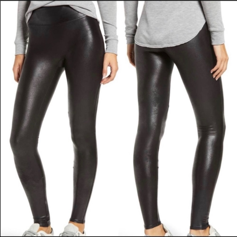Spanx black faux leather leggings, large